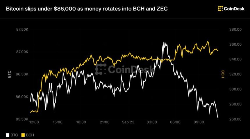 Live updates: Bitcoin slips under $86,000 as money rotates into BCH and ZEC